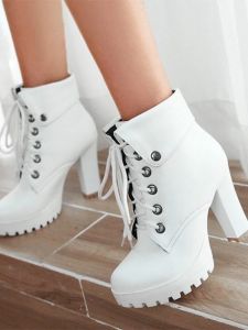 Bottines cheville épais talon bout rond à lacets mode femme chaussures blanc - Bottes - Chaussures